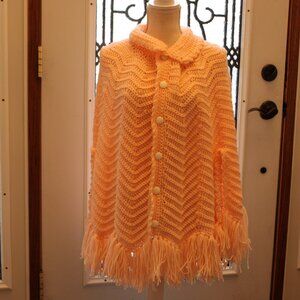 Vintage 1970s Peach Crochet Cape Poncho • Fringe Hem • Boho Hippie